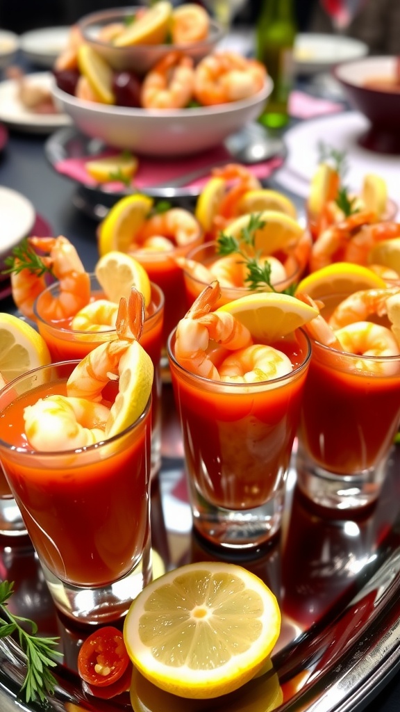 Individual cups of shrimp cocktail with cocktail sauce and lemon, garnished with herbs on a platter.